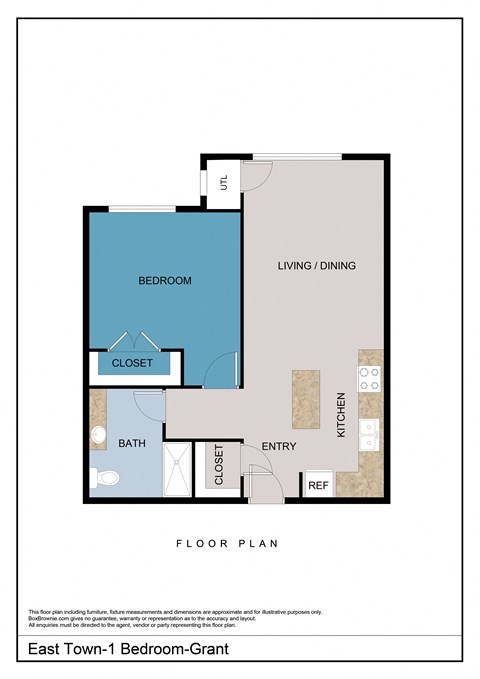 Floor plan for 1 bed, 1 bath, 735 sqft
